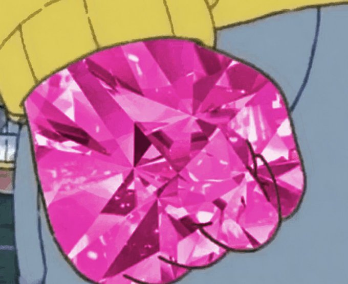 A vibrant pink gemstone, depicted in a cartoon illustration with a bold black outline, glimmers with brilliant facets that suggest sparkle and intensity, visually embodying the post's declaration that "PINK is a conviction."
