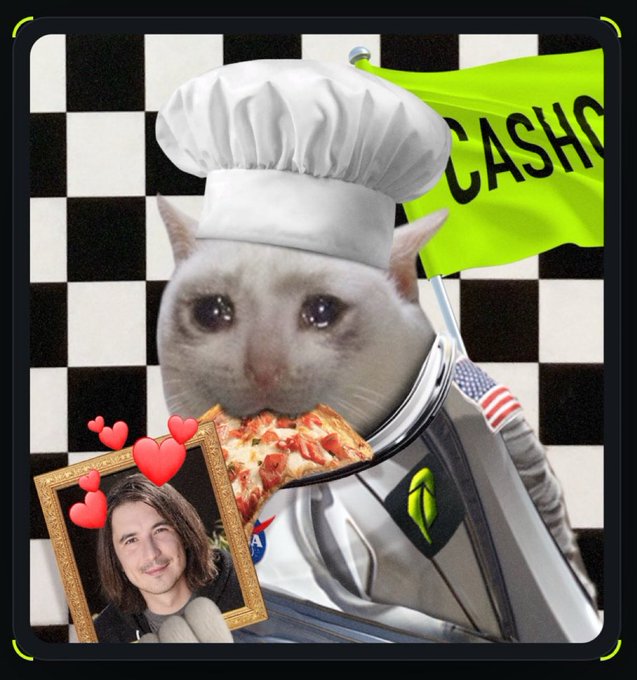 A surreal collage/AI-generated image of a crying white cat wearing a chef's hat emerging from a NASA spacesuit, eating pizza, with a framed photo of a smiling man with long hair and hearts, set against a checkered background with a yellow 'CASHC' flag.