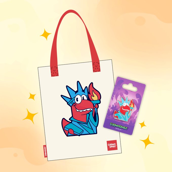 A product mockup of a white tote bag with red straps featuring a blue cartoon dragon character holding a flame, alongside its packaged pin version, branded 'CLAYNOTABZ'.