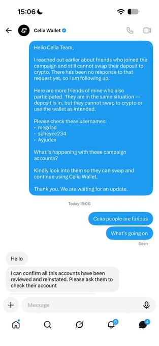 A screenshot of a Telegram chat with Celìa Wallet, where a user reports that friends cannot swap their crypto deposits despite being eligible, listing usernames 'megdad', 'scheyee234', and 'Ayudex', followed by a reply confirming the accounts have been reviewed and reinstated.