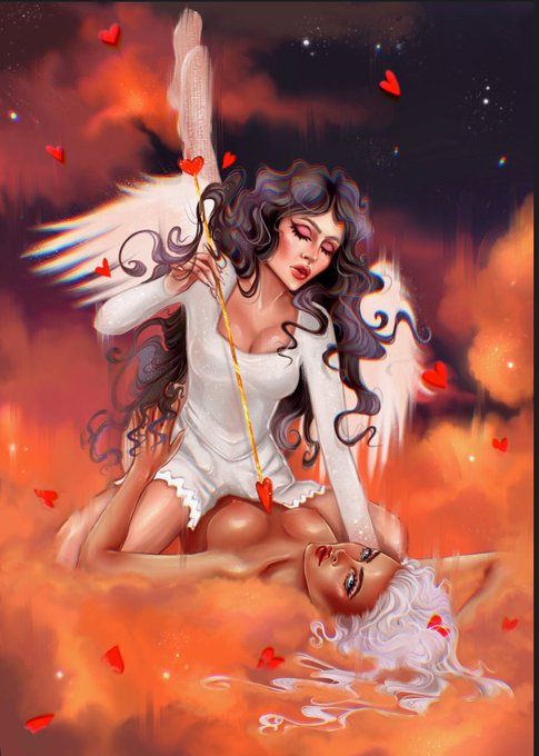 A digital artwork depicts a winged dark-haired woman in white sitting above a white-haired figure amid swirling orange clouds and floating hearts, holding a golden arrow. The image aligns with the post's romantic theme of Cupid's love, offered as a 1/1 NFT on the Tezos blockchain (objkt.com) for 200 xtz.