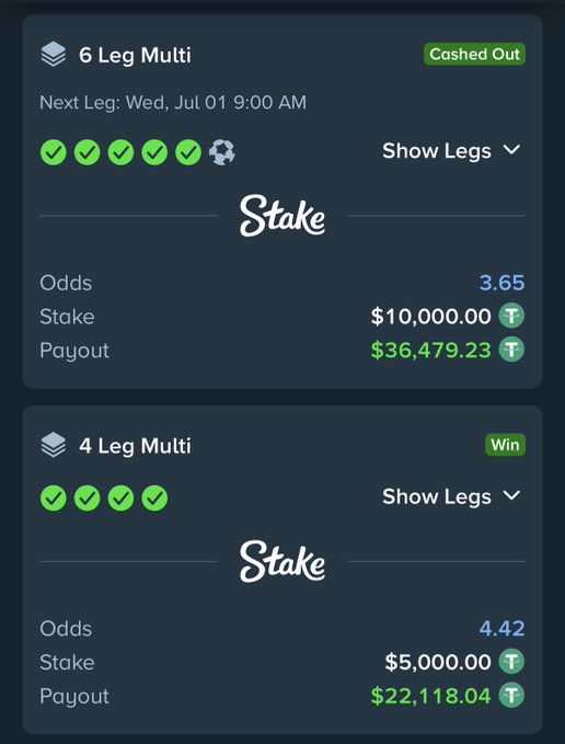 The image displays two winning multi-leg betting slips on Stake: a 6-leg multi with 3.65 odds that was cashed out for $36,479.23 on a $10,000 stake, and a 4-leg multi with 4.42 odds that won $22,118.04 on a $5,000 stake, together totaling over $58,000 in payouts—visually supporting the post's celebratory tone and Stake giveaway announcement.