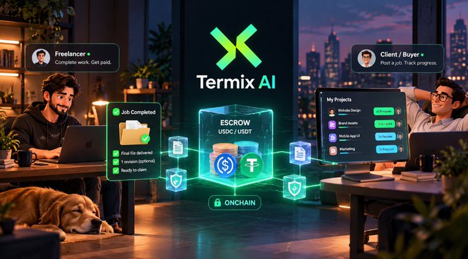 An advertisement for Termix AI shows a freelancer and client/buyer working on laptops, connected by an onchain escrow system using USDC/USDT, with project progress visible on screen.