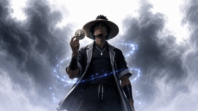 An anime-style illustration of a man in a straw hat holding a pocket watch, surrounded by swirling blue magical energy and dramatic clouds.