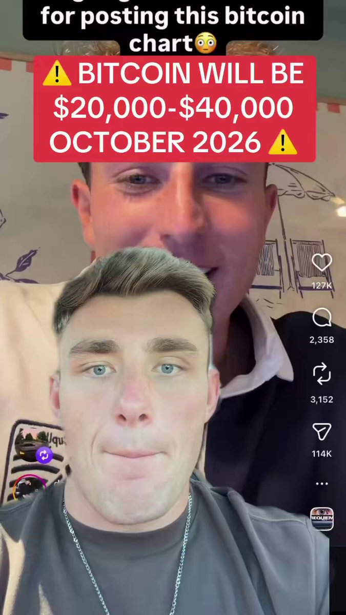 The image shows two men with their faces displayed next to each other against a white background. The text accompanying them reads, "For posting this bitcoin chart will be $20,000 - $40,000 -OCTOBER 2026". This text provides an explanation about the content of the image and its relation to a specific post or analysis on social media.