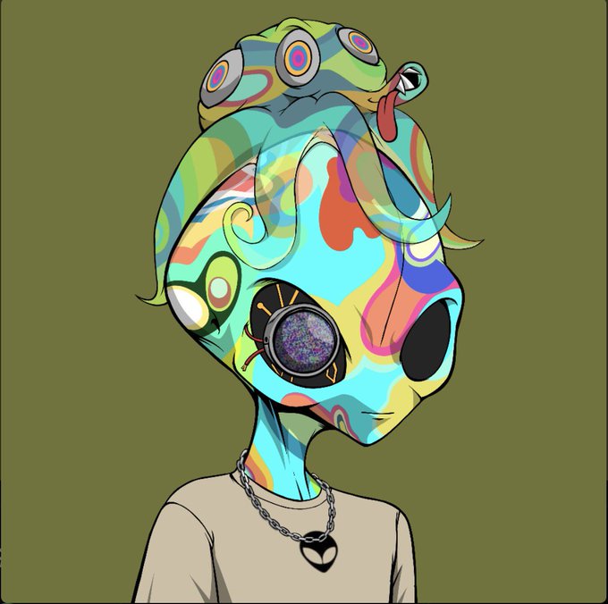 A colorful digital illustration of an alien-like character with turquoise skin, a snake-like creature on their head, and large cosmic eyes, wearing a beige shirt and a heart necklace.