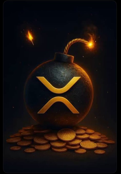 A dark, cinematic image of a round bomb with the glowing XRP logo on it, sitting on a pile of gold coins with a lit fuse, set against a black background with sparks.