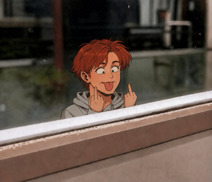 An anime character with red hair sticking his tongue out and making middle finger gestures while looking through a window.