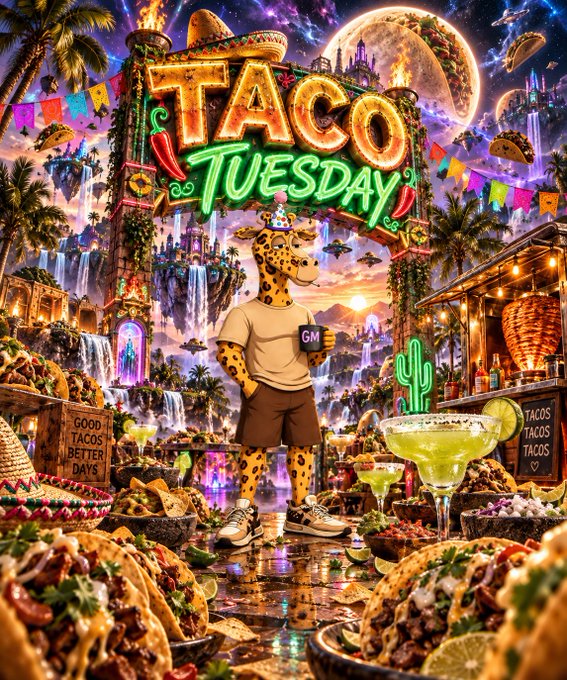 A vibrant, AI-generated fantasy image displays 'TACO TUESDAY' in glowing neon letters above an anthropomorphic giraffe holding a 'GM' mug, surrounded by tacos, margaritas, and a cosmic background.