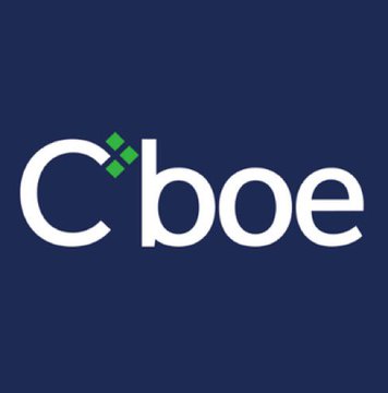 A simple logo design on a navy blue background featuring the text 'cboe' in white lowercase letters with green diamond accents on the 'c'.