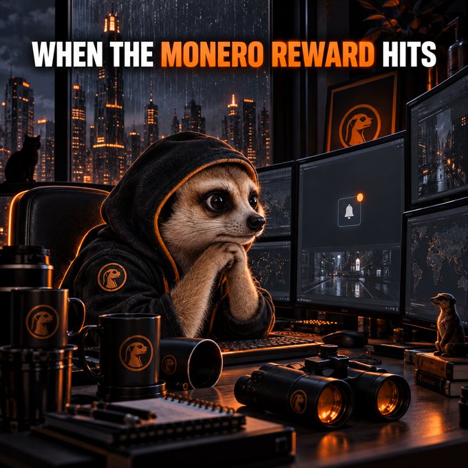An AI-generated illustration of a meerkat wearing a hoodie at a computer setup with multiple monitors, captioned 'WHEN THE MONERO REWARD HITS'.