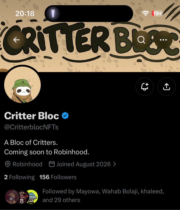 A screenshot of the "Critter Bloc" Twitter/X profile (@CritterblocNFTs) showing 156 followers, joined August 2026, with a bio announcing their upcoming launch on Robinhood—matching the post's claim of discovering the early project before it goes live on Robinhood's chain.