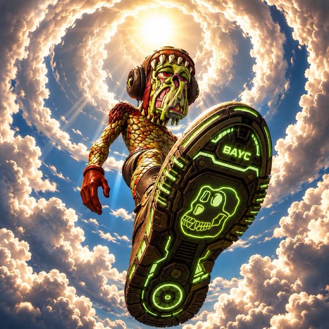 A surreal digital artwork depicting a green zombie-like creature with headphones stepping on a giant glowing shoe sole marked 'BAYC' with a skull design, set against swirling clouds and a radiant sun.