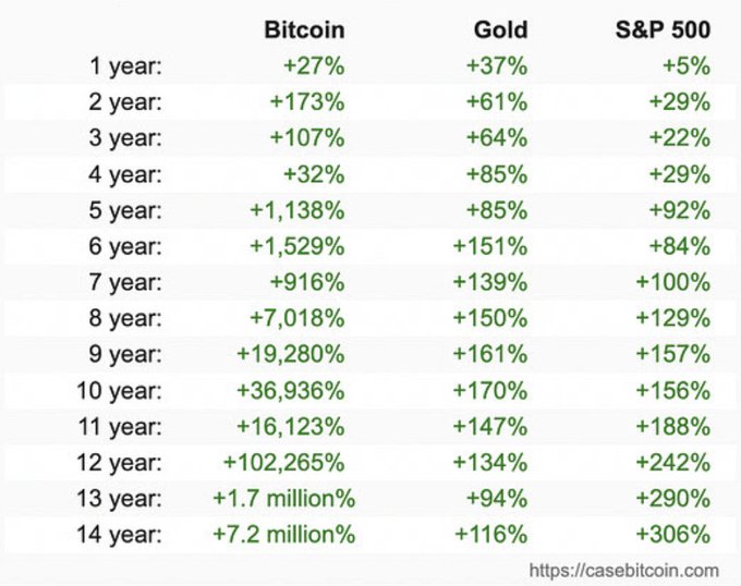 A comparison table showing yearly percentage returns for 'Bitcoin', 'Gold', and 'S&P 500' over a 14-year period, illustrating Bitcoin's massive growth up to '+7.2 million%' at year 14, with a watermark 'https://casebitcoin.com'.