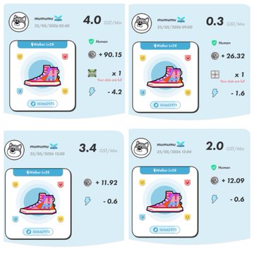 A grid of four blue boxes displays a pink shoe, a red shoe, and two pairs of sneakers with different colors and designs.