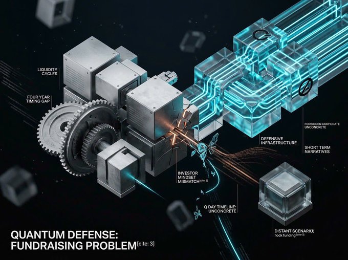 The image, titled "QUANTUM DEFENSE: FUNDRAISING PROBLEM (cite: 3)," illustrates crypto market fundraising challenges with labeled elements including "LIQUIDITY CYCLES," "FOUR YEAR TIMING GAP," "DEFENSIVE INFRASTRUCTURE," "FORSCRETA CORPORATE UNCONCRETE," "SHORT TERM NARRATIVES," "INVESTOR MINDSET MISMATCH (w/o: 18)," "Q DAY TIMELINE UNCONCRETE," and "DISTANT SCENARIC (lock funding: 13)," visually depicting the disconnect between quantum defense preparation needs and investor timelines around four-year crypto liquidity cycles.