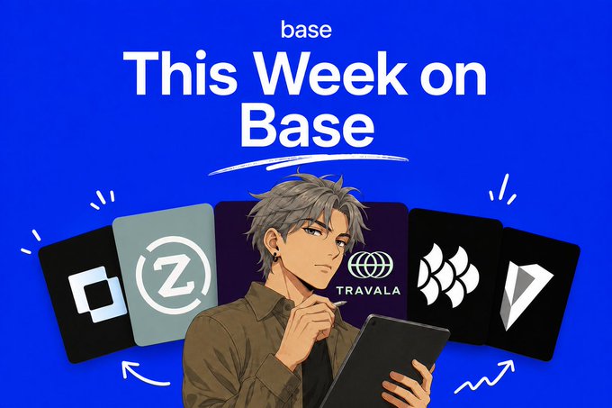 A promotional graphic titled "This Week on Base" featuring an anime-style character with a tablet, surrounded by various project logos on a bold blue background, highlighting Base's weekly ecosystem update including Batches 004, $5B network TVL milestone, and new partnerships like Travala.