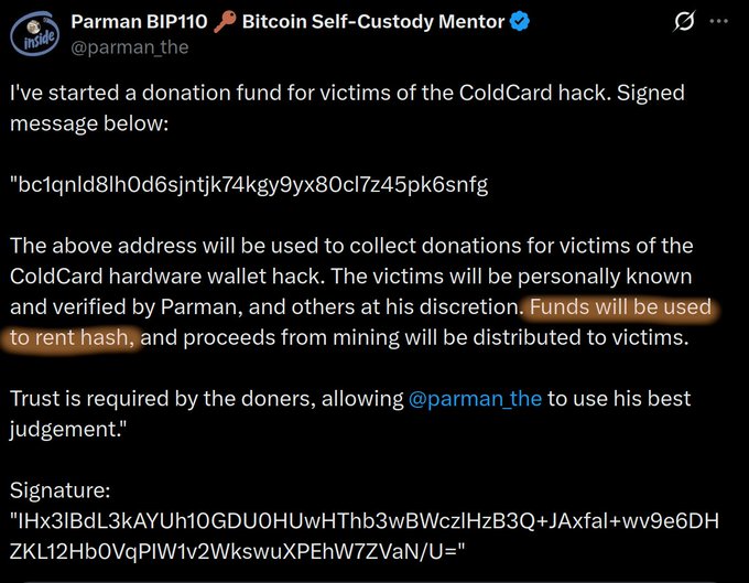This image shows a tweet from @parman_the claiming to have started a donation fund for victims of the ColdCard hack via a specific Bitcoin address. The post highlights a scheme where donated funds are intended to "rent hash" to distribute mining proceeds to victims, illustrating the "hashrate-renting scheme" criticized in the accompanying text.