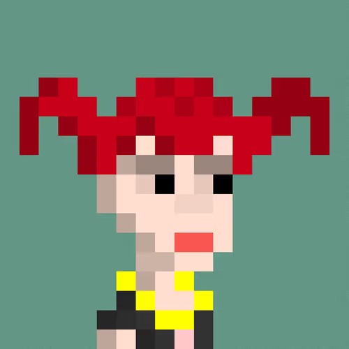 Pixel art of a character with red hair styled in horn-like buns against a teal background.
