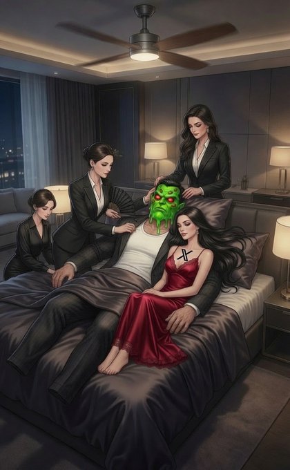 A surreal illustration of four women in business attire in a modern bedroom, attending to a reclining man whose face has melted into a dripping green mask, with one woman wearing a red dress bearing a black cross.