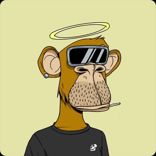 Digital cartoon illustration of a Bored Ape-style monkey character wearing black sunglasses, a black t-shirt, and a golden halo, while holding a cigarette.