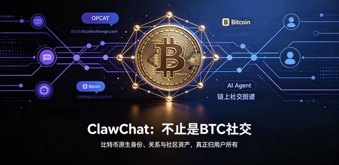 A digital promotional graphic for 'ClawChat' displays a glowing golden Bitcoin surrounded by a network of connections, with Chinese text reading 'ClawChat: 不止是BTC社交' and 'AI Agent 链上社交图谱'.