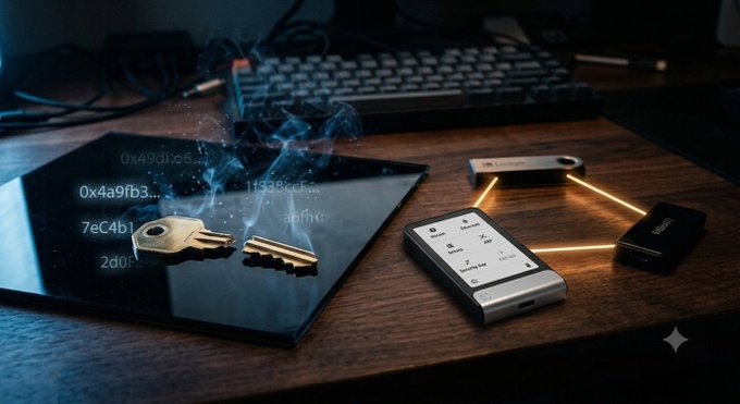 A dark, moody still life on a wooden desk shows a keyboard, a tablet displaying hexadecimal codes with a key and screws on its screen emitting smoke, and two hardware cryptocurrency wallets (Ledger) connected by glowing orange lines.
