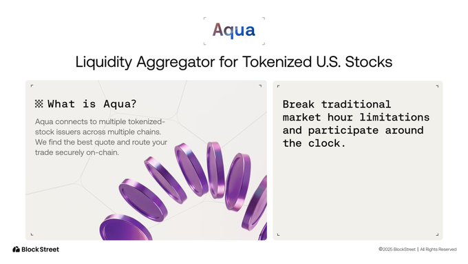 A webpage for "Aqua," a "Liquidity Aggregator for Tokenized U.S. Stocks" by Block Street, describing it as a platform that connects to multiple tokenized-stock issuers across chains to find the best quotes and route trades on-chain, breaking traditional market hour limitations for around-the-clock participation.