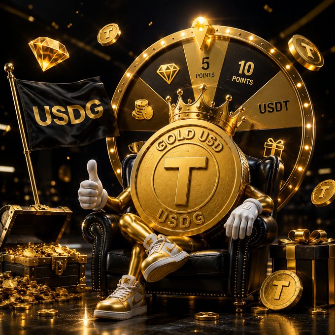 The image features a gold coin with a cartoon character sitting on top of a black chair surrounded by various gold coins and other objects such as a trophy, a USDT sign, and a USDC logo. The scene appears to be set in a casino or a similar environment where people are playing slot machines. The post is titled "I spent a few days exploring the USDG ecosystem... here' s why more people are starting to pay attention".
