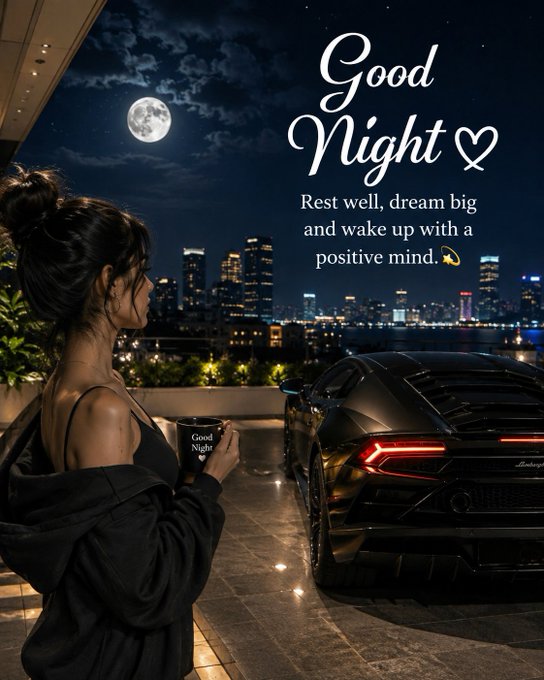A composite image features a woman holding a "Good Night" mug next to a black Lamborghini, with "Good Night ♡ Rest well, dream big and wake up with a positive mind. 🌙" text against a city skyline and full moon backdrop.
