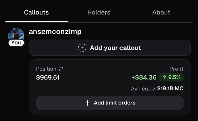A screenshot of a portfolio tracking interface showing user "ansemconzimp" with a position of $969.61, a profit of +$84.36 (9.5%), and an average entry market cap of $19.1B, suggesting the user is showcasing their crypto holdings to support the post's bullish thesis on Zcash and its potential associated memecoin beta trading on Solana.