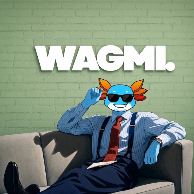 A blue axolotl mascot wearing sunglasses, a brown cowboy hat, a striped shirt, red tie, and suspenders lounges on a couch with 'WAGMI.' written above.