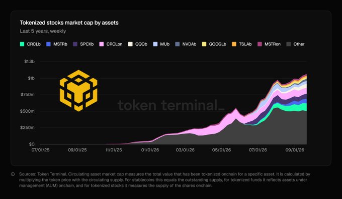 A Token Terminal chart titled "Tokenized stocks market cap by assets," displaying 5 years of weekly data for assets including CRCLb, MSTRb, SPCXb, CRCLon, QQQb, MUB, NVDAb, GOOGLb, TSLAb, and MSTRon.