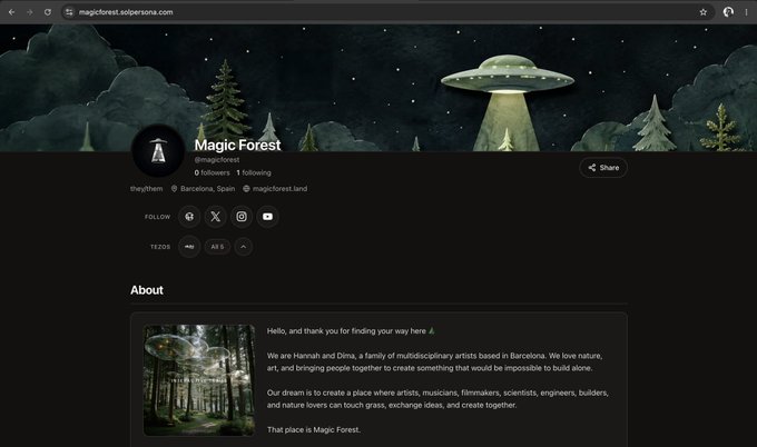 A screenshot of a SolPersona profile for 'Magic Forest' (@magicforest), showing an illustration of a UFO over a forest, with a banner and information about their multidisciplinary artist collective in Barcelona, Spain.