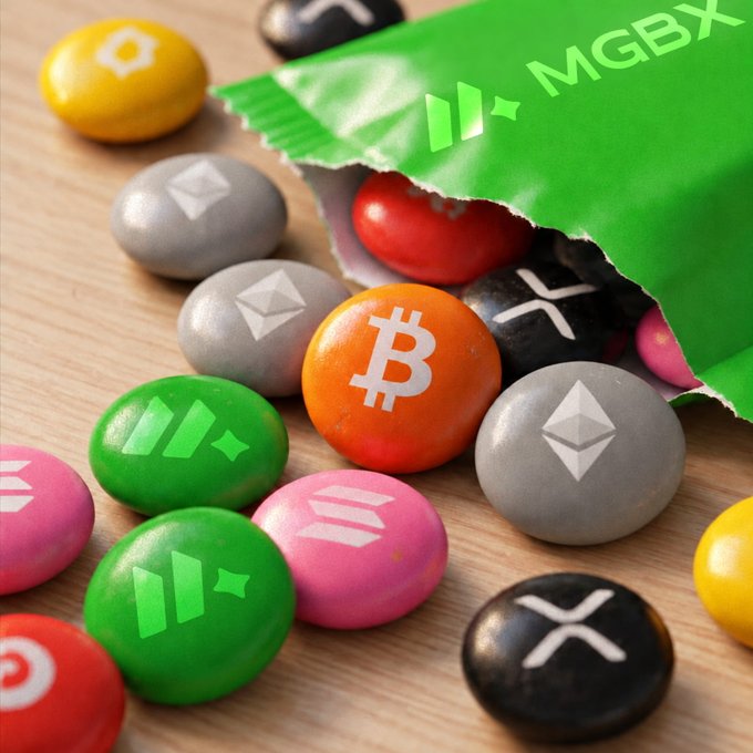 A close-up of colorful candy-coated chocolates printed with cryptocurrency logos (Bitcoin, Ethereum, XRP, etc.) spilling from a torn green M&M's-style wrapper.