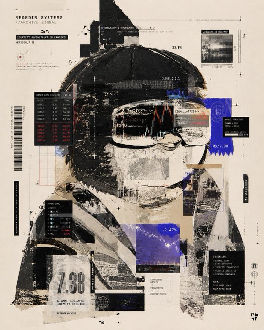A collage-style digital artwork featuring a figure wearing a helmet with a reflective visor, overlaid with graphs, charts, financial data, and text including 'REORDER SYSTEMS', '7.38', and 'SIGNAL COLLAPSE'.