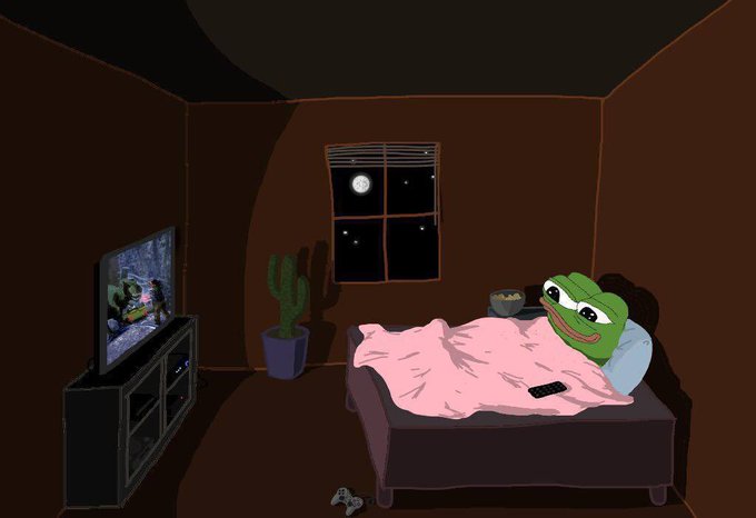 Digital illustration of a sad Pepe the Frog character lying in bed under a pink blanket watching TV in a dimly lit room at night, with a full moon visible through the window.