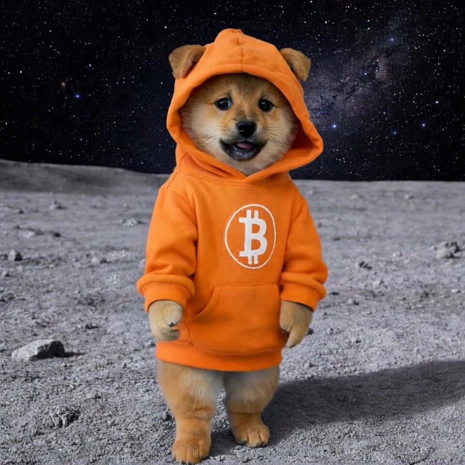 The image features a small brown dog wearing an orange hoodie with the word "B" printed on it, standing on a rocky surface. The background of the image shows a night sky filled with stars, giving the impression that they are on a moon or other celestial body. The caption to this image reads: "REPOST IF YOU ARE READY FOR RUNE JUNE!!!!!!! $DOG".