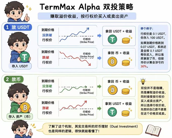 An illustrated infographic in Chinese titled 'TermMax Alpha 双投策略' explaining dual investment strategies for depositing USDT or coins and earning returns based on strike prices.