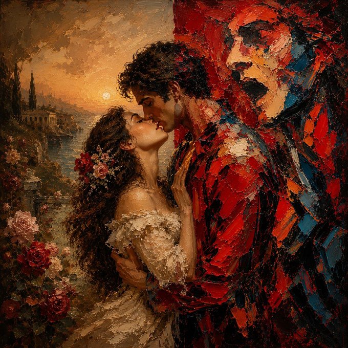 An expressionist-style oil painting of a couple kissing, with the woman in a white dress with flowers in her hair and the man rendered in bold red and blue brushstrokes against a sunset landscape.