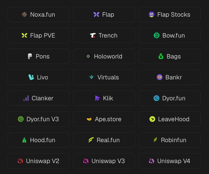 The image displays a grid of launchpad logos and names including Noxa.fun, Flap, Flap Stocks, Flap PVE, Trench, Bow.fun, Pons, Holoworld, Bags, Livo, Virtuals, Bankr, Clanker, Klik, Dyor.fun, Dyor.fun V3, Ape.store, LeaveHood, Hood.fun, Real.fun, Robinfun, and Uniswap V2/V3/V4. The post suggests the user thinks the current selection of launchpads is insufficient, implying they want even more options beyond this already extensive list.