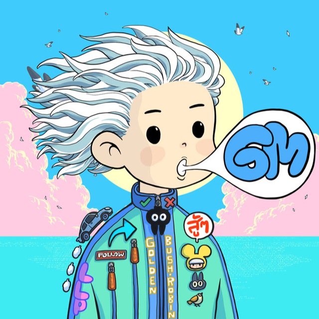A cartoon illustration of a white-haired character wearing a teal jacket with various patches including 'FOLLOW' and text, blowing a speech bubble that says 'gm' against a blue sky with pink clouds and birds.