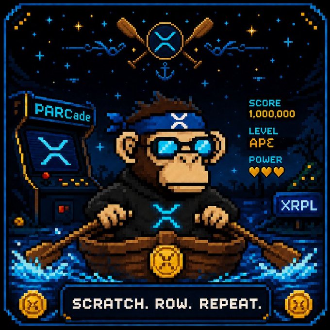 Pixel art for a project called 'PARCade' features a monkey in sunglasses rowing a boat on water, with text showing SCORE 1,000,000, LEVEL APE, XRPL branding, and the phrase 'SCRATCH. ROW. REPEAT.'