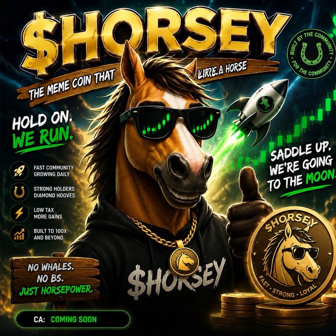 A promotional graphic for the meme coin "$HORSEY", featuring a horse wearing sunglasses and a gold chain, with slogans like "HOLD ON. WE RUN." and "SADDLE UP. WE'RE GOING TO THE MOON."