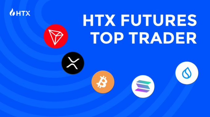 HTX Futures "Top Trader" promotional graphic featuring the logos of major cryptocurrencies including TRX, XRP, Bitcoin, Solana, and SUI on a blue background. The image visually supports the post's emphasis on TRX's significant 52% allocation among top traders, highlighting the token's strong institutional positioning within HTX's futures market.