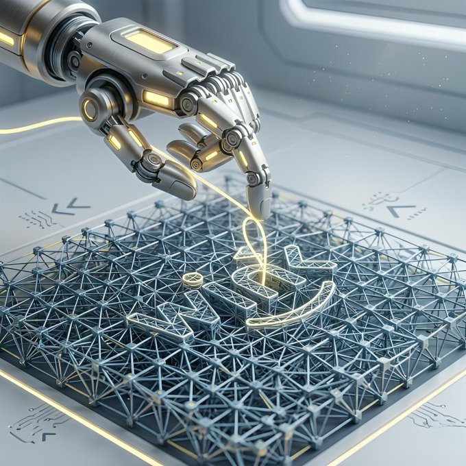 A 3D render of a robotic hand drawing a glowing yellow outline of a coffee cup on a holographic blueprint interface.