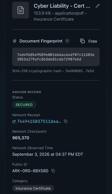 A digital document interface displays a 'Cyber Liability - Cert' file with its SHA-256 cryptographic hash fingerprint, showing an anchor record status of 'SECURED', a network receipt ID, checkpoint 965,370, and public ID 'ARK-ORG-8BX5BD'.