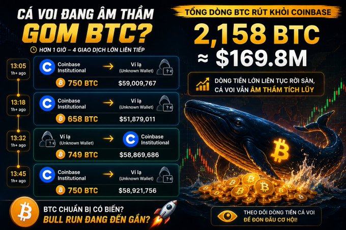 An infographic in Vietnamese about Bitcoin whales accumulating BTC from Coinbase, showing 2,158 BTC (~$169.8M) withdrawn through 4 consecutive large transactions, with the title 'CÁ VOI ĐANG ÂM THẬM GOM BTC?' suggesting a potential bull run.