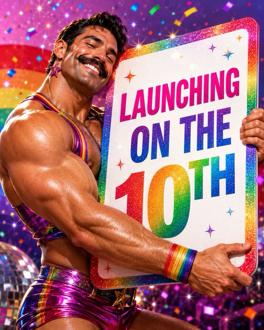A vibrant AI-generated image of a muscular man with a mustache in a rainbow metallic outfit holding a glittery sign that reads 'LAUNCHING ON THE 10TH' against a colorful confetti background.