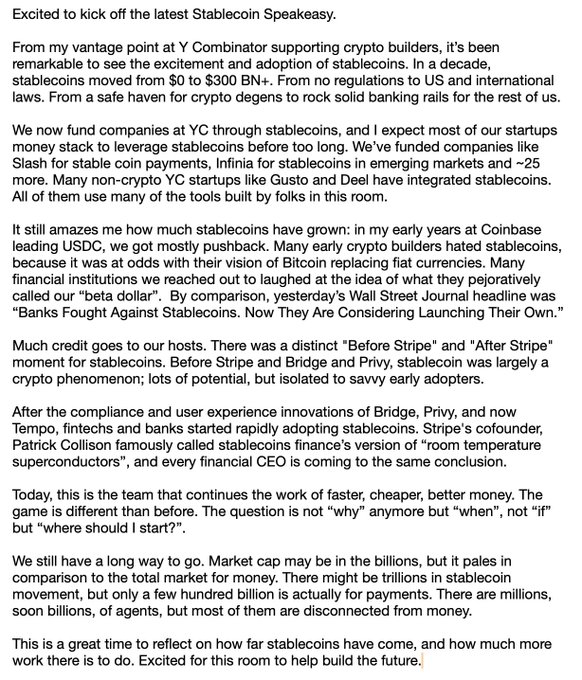 A text post about the Stablecoin Speakeasy discussing the growth of stablecoins from $0 to $300B+ market cap, mentioning Y Combinator funding, Coinbase USDC roots, and innovations by Bridge, Privy, Tempo, and fintech adoption.